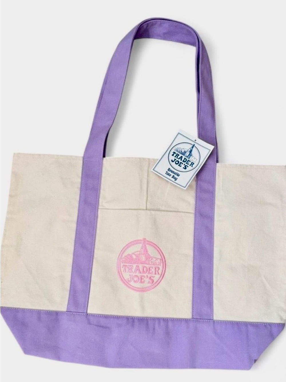 Trader Joe’s large Cream Tote with Lavender Trim - hard to find!